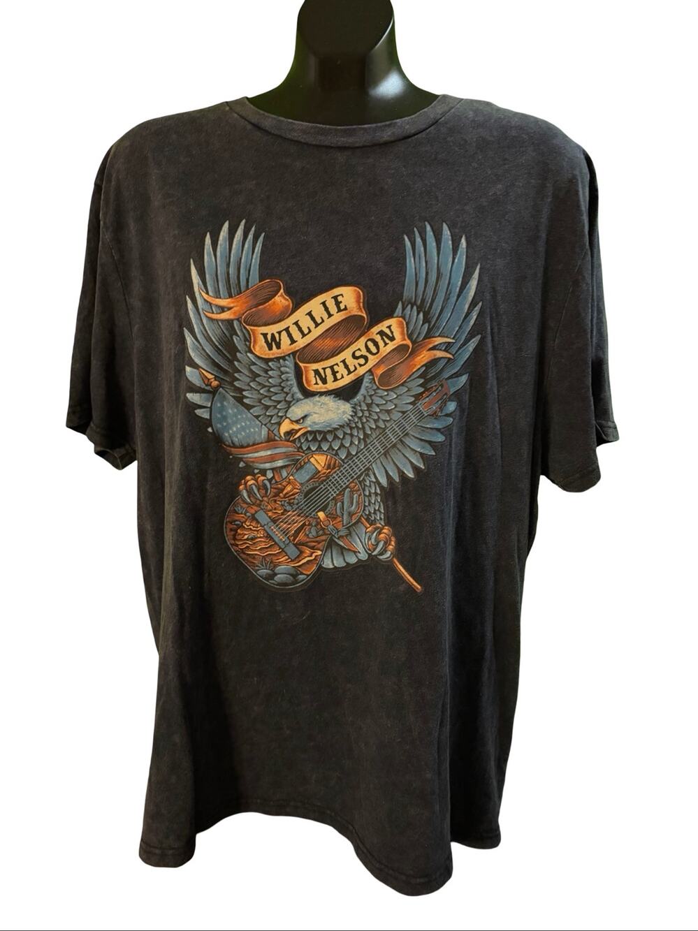 Willie Nelson Eagle Guitar Graphic T-Shirt XL Black Acid Wash Country Music Tee